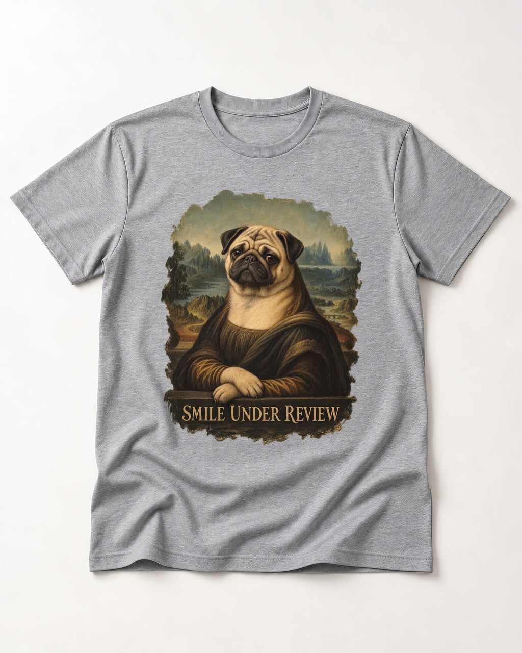 Pug Smile Under Review Mona Lisa Graphic T-Shirt in Sport Grey, flat lay product photo