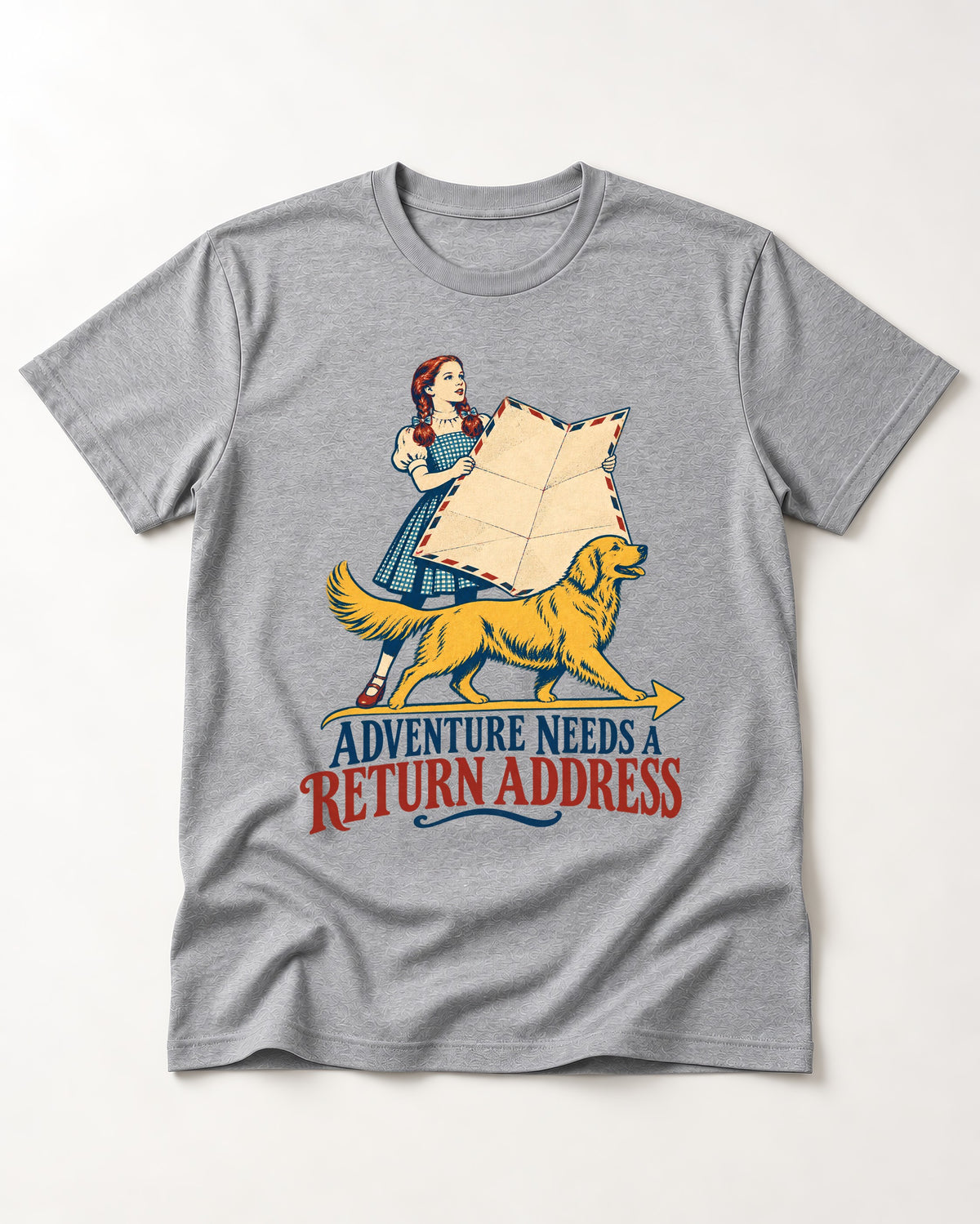 Golden Retriever Return Address T-Shirt in Sport Grey, flat lay product photo