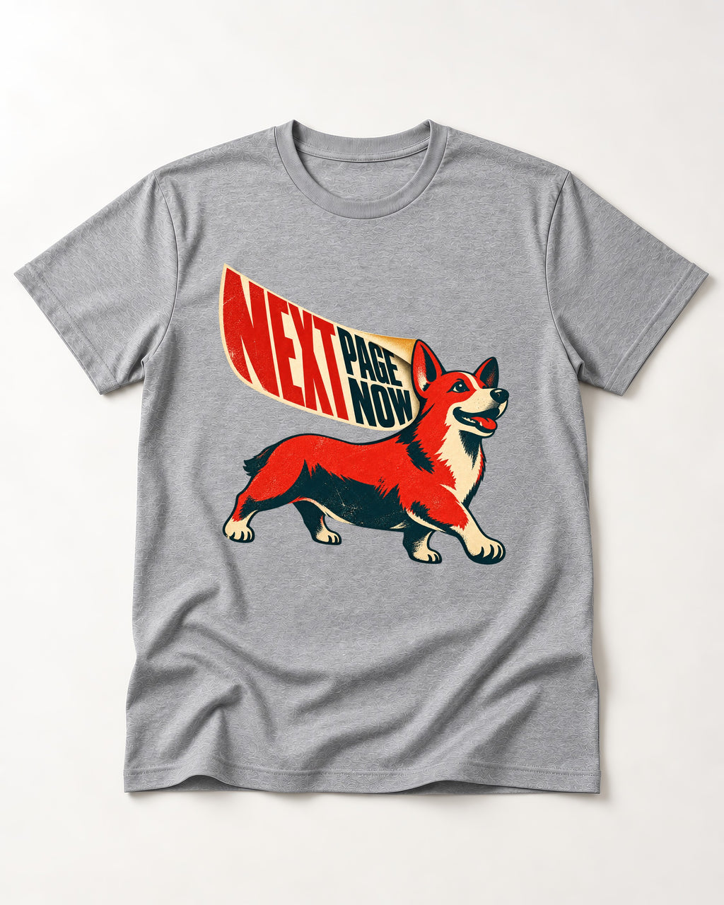 Corgi Next Page Now Pennant Graphic T-Shirt in Sport Grey, flat lay product photo
