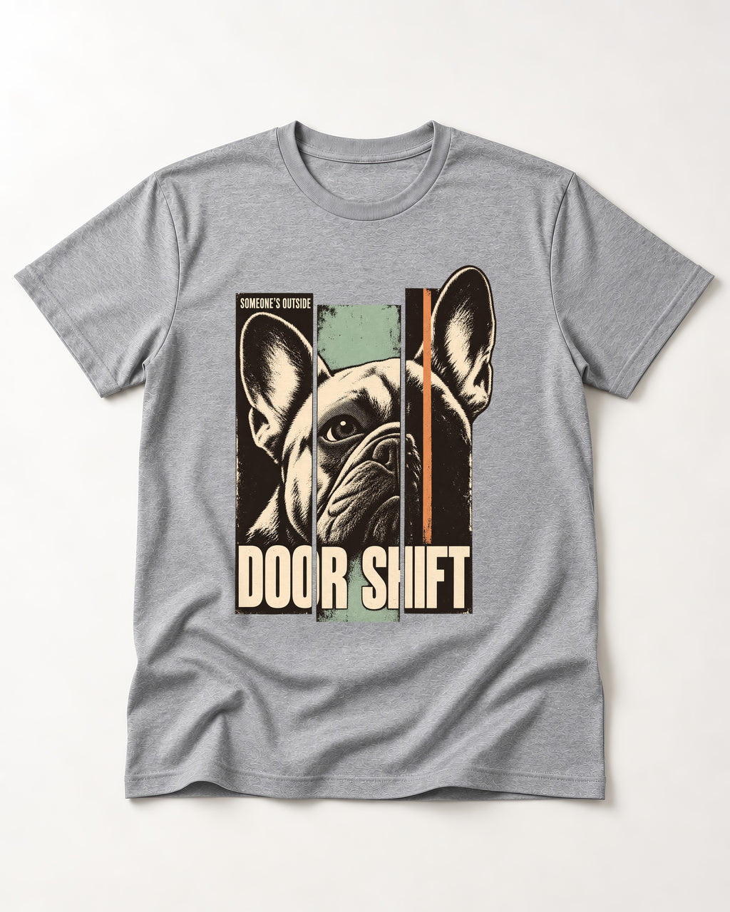 Frenchie Someone's Outside Door Shift Graphic T-Shirt in Sport Grey, flat lay product photo