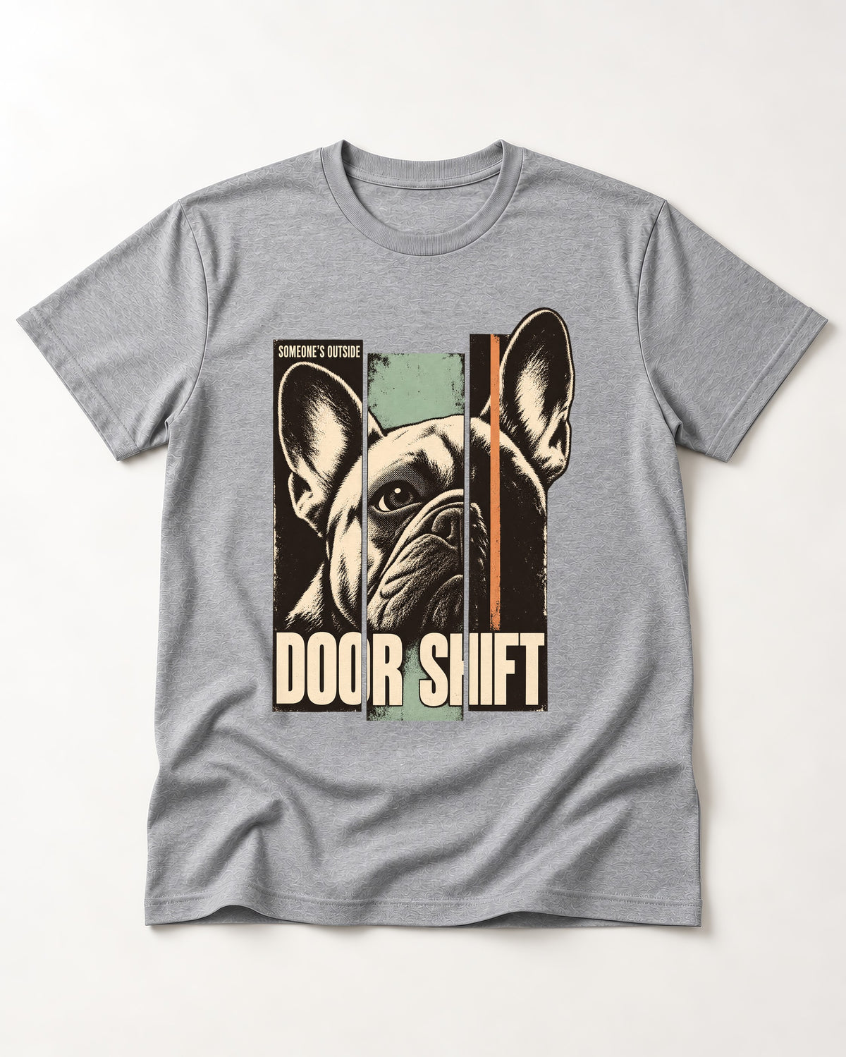 Frenchie Someone's Outside Door Shift Graphic T-Shirt in Sport Grey, flat lay product photo