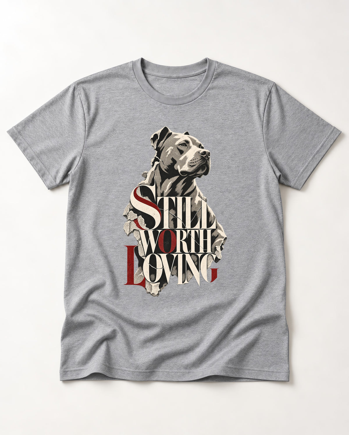 Pitbull Still Worth Loving Torn Poster Portrait Graphic T-Shirt in Sport Grey, flat lay product photo