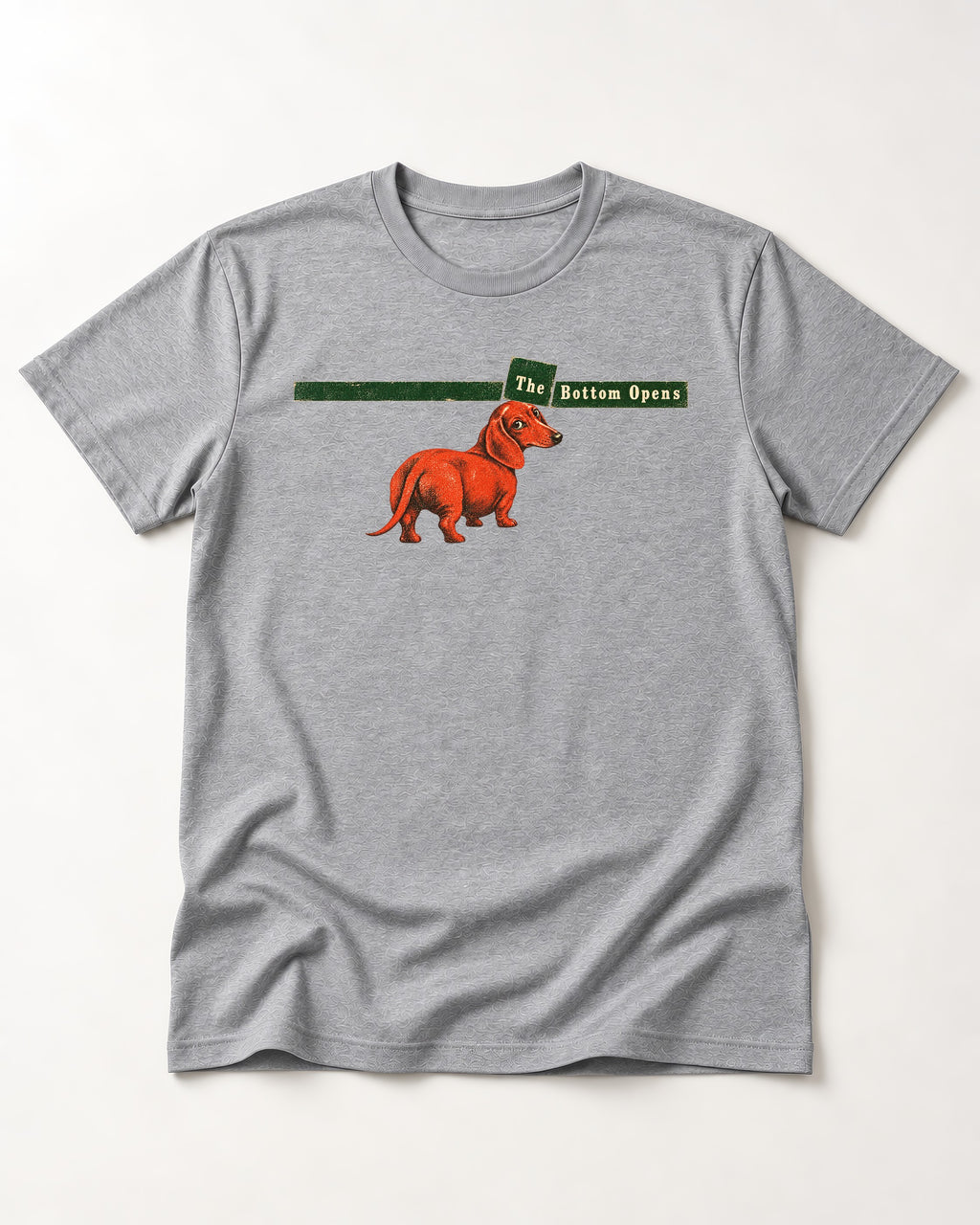 Dachshund The Bottom Opens Signpost Graphic T-Shirt in Sport Grey, flat lay product photo