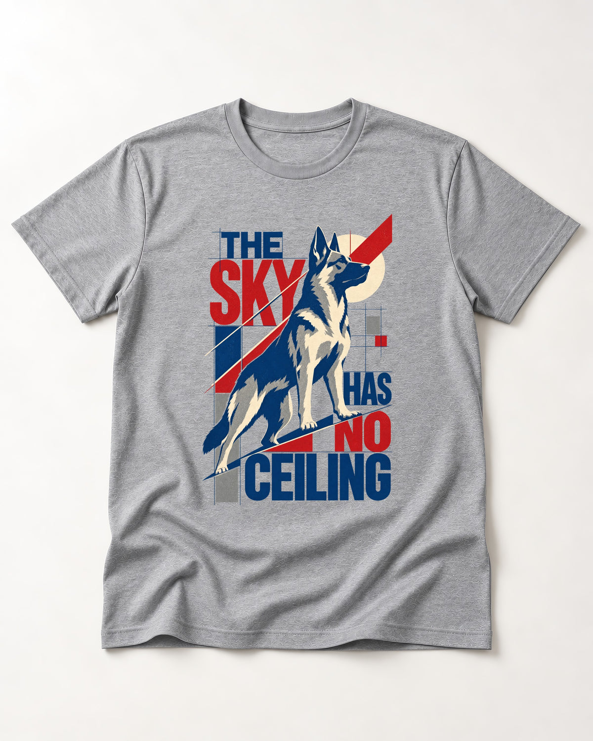 Sky Has No Ceiling German Shepherd Dog T-Shirt in Sport Grey, flat lay product photo