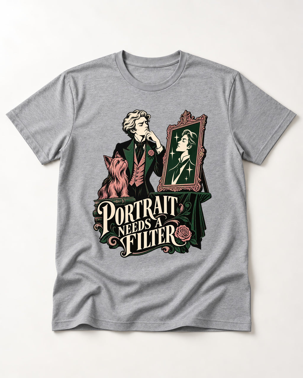 Yorkshire Terrier Needs a Filter T-Shirt in Sport Grey, flat lay product photo