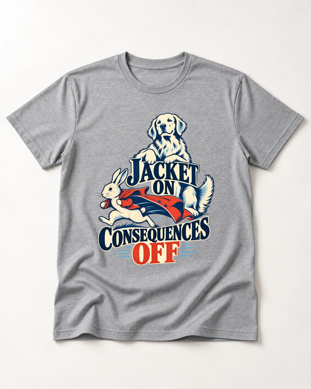 Golden Retriever Jacket On Consequences Off Rabbit Chase Graphic T-Shirt in Sport Grey, flat lay product photo