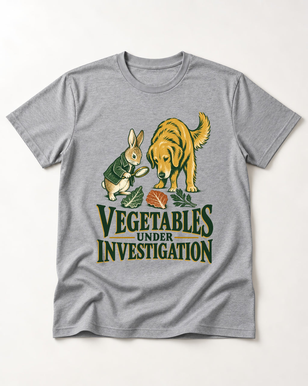 Golden Retriever Vegetables Under Investigation Rabbit Detective Graphic T-Shirt in Sport Grey, flat lay product photo