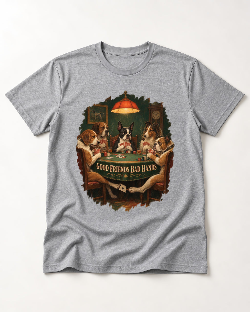 Good Friends Bad Hands Boston Terrier Poker Night T-Shirt in Sport Grey, flat lay product photo