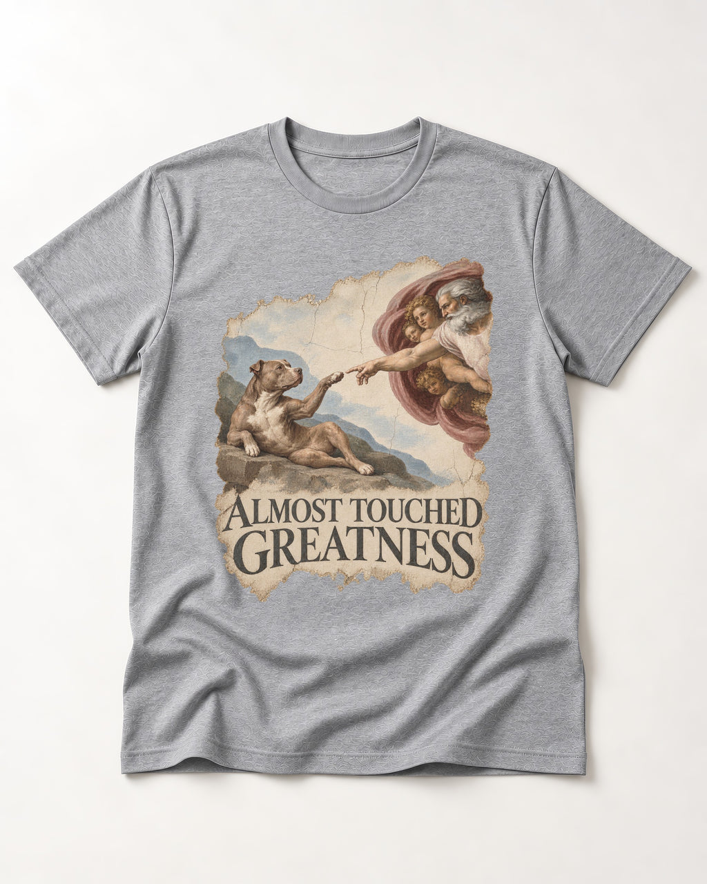 Pitbull Almost Touched Greatness Creation Parody Graphic T-Shirt in Sport Grey, flat lay product photo