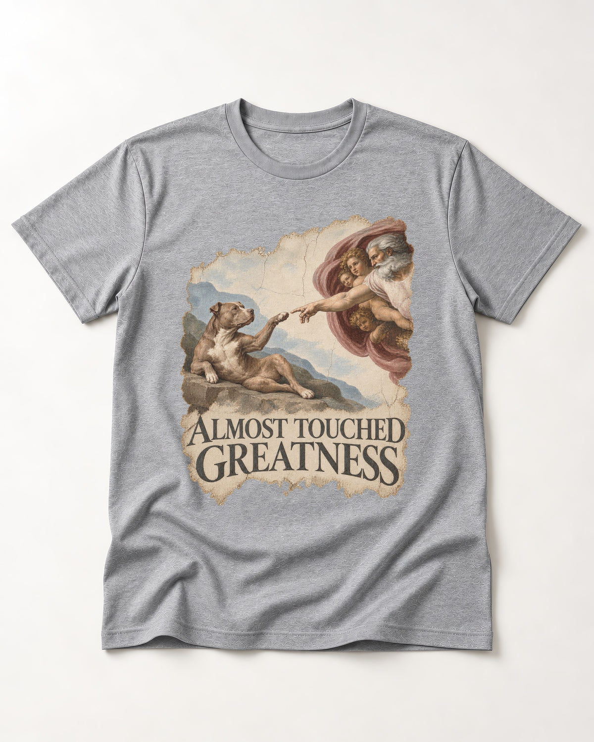 Pitbull Almost Touched Greatness Creation Parody Graphic T-Shirt in Sport Grey, flat lay product photo