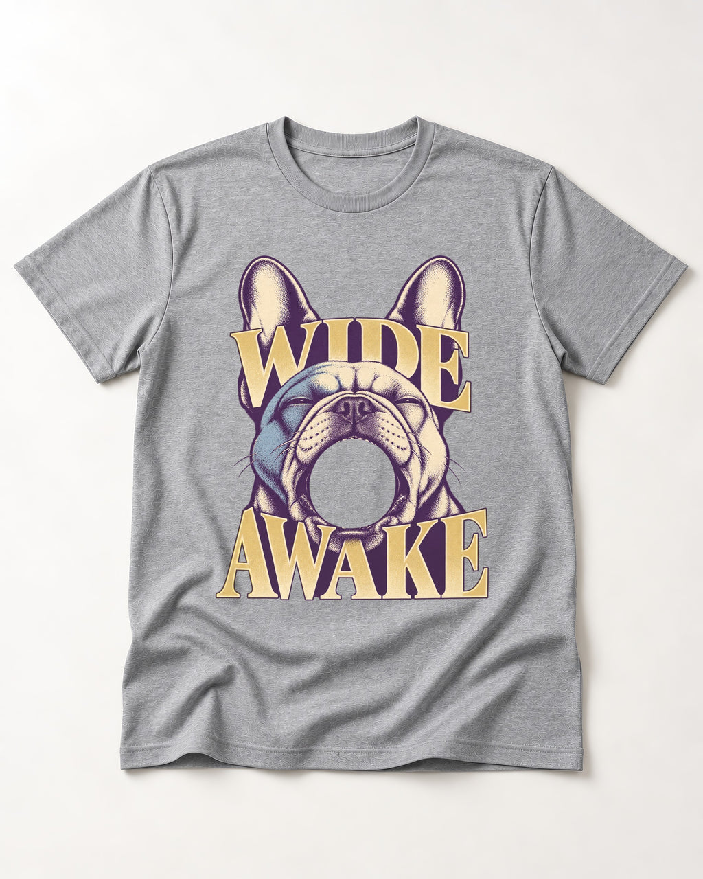 Frenchie Wide Awake Yawn Graphic T-Shirt in Sport Grey, flat lay product photo