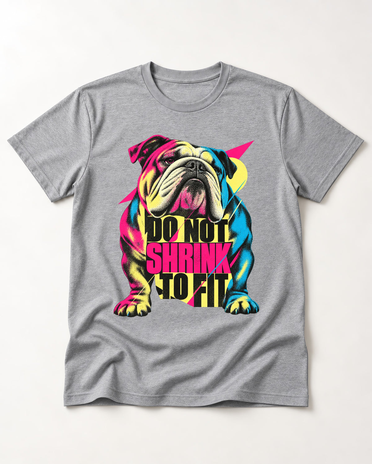 English Bulldog Don't Shrink to Fit T-Shirt in Sport Grey, flat lay product photo
