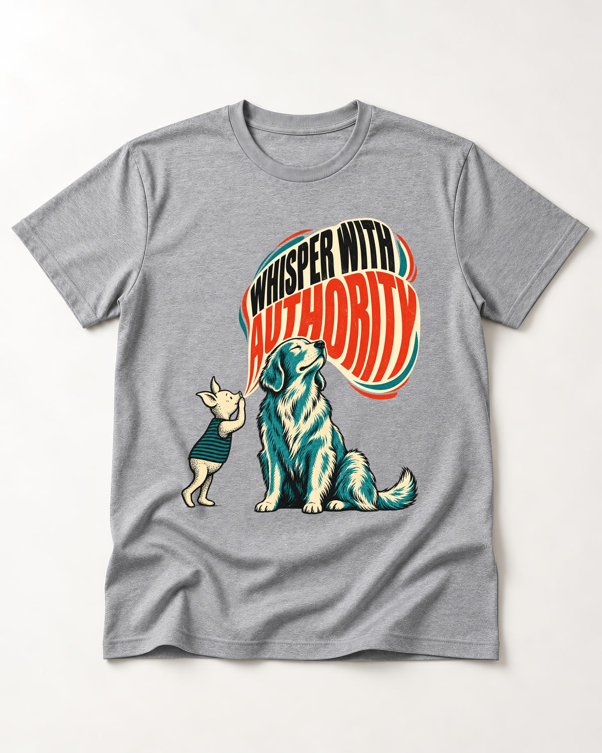 Golden Retriever Whisper with Authority T-Shirt in Sport Grey, flat lay product photo