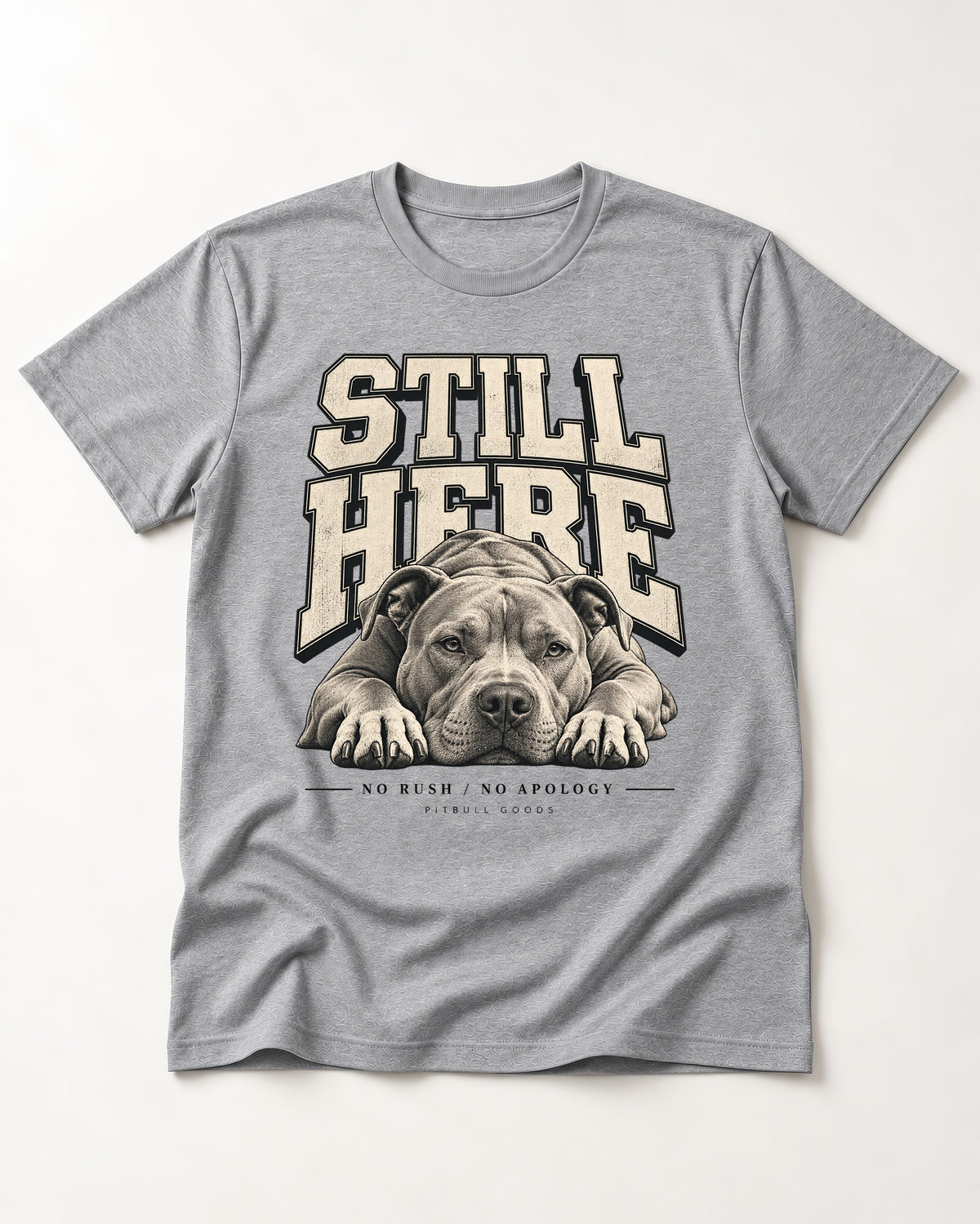 Still Here Pitbull T-Shirt in Sport Grey, flat lay product photo