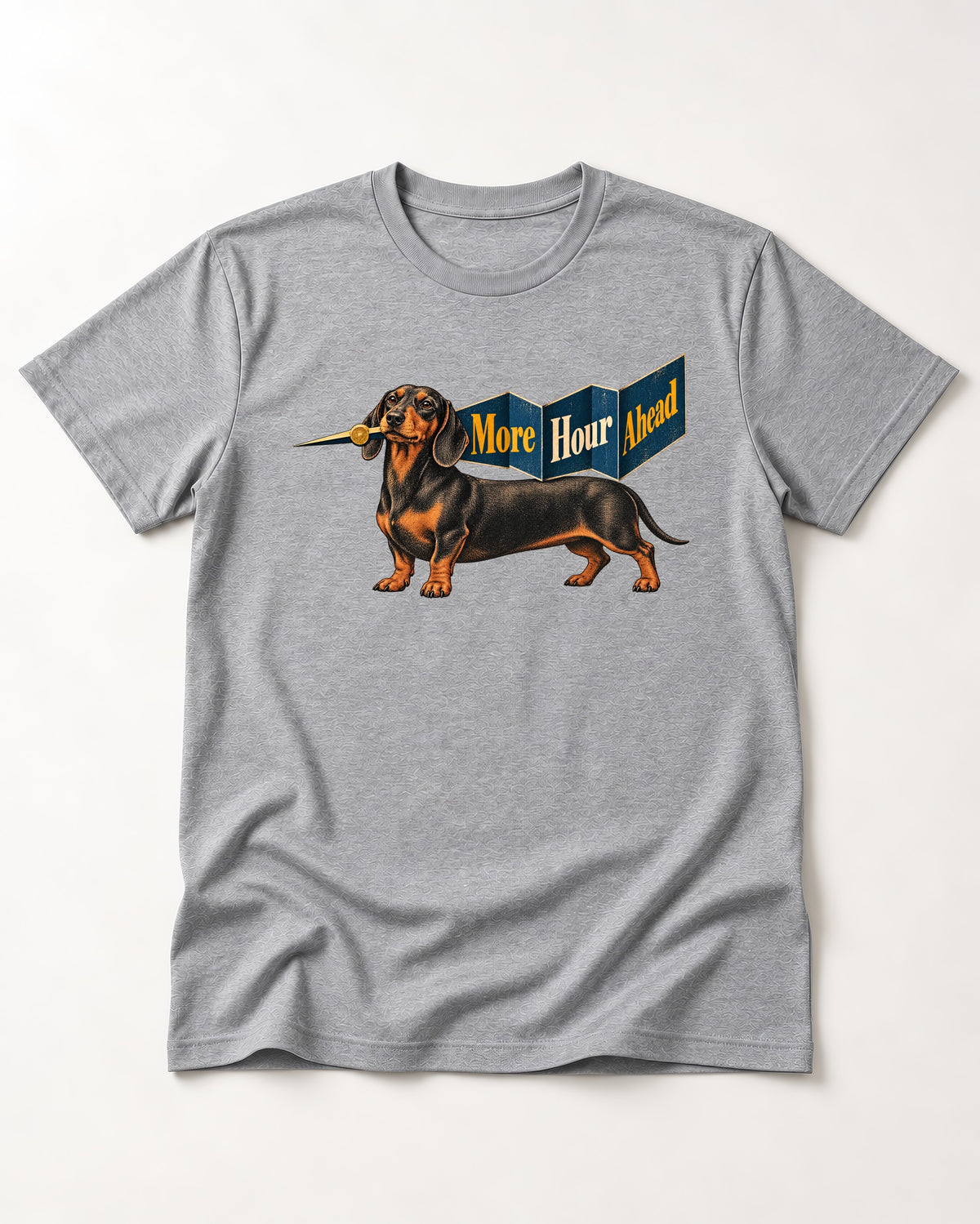 Dachshund More Hour Ahead Foldout Banner Graphic T-Shirt in Sport Grey, flat lay product photo