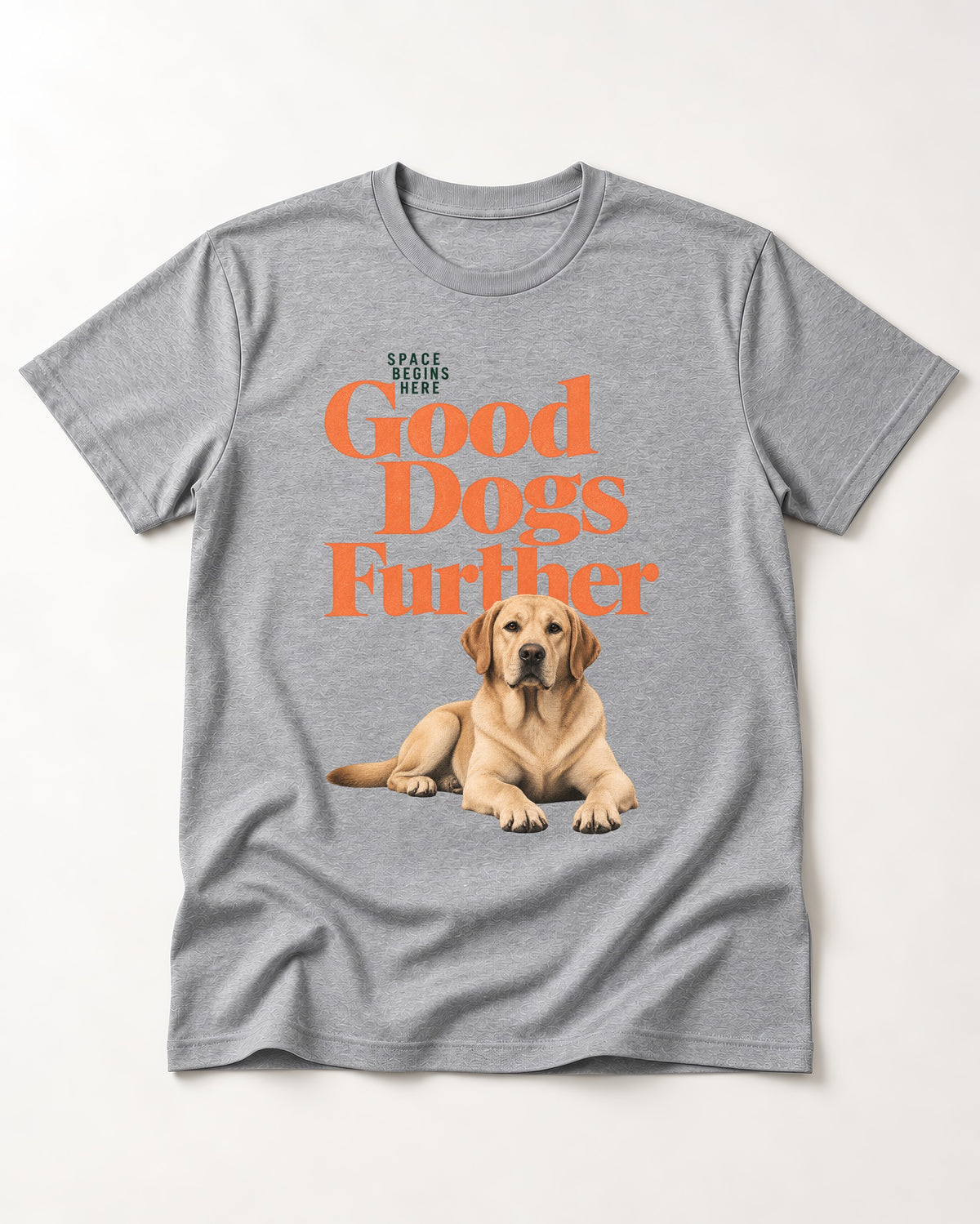 Good Labrador Retriever Goes Further T-Shirt in Sport Grey, flat lay product photo