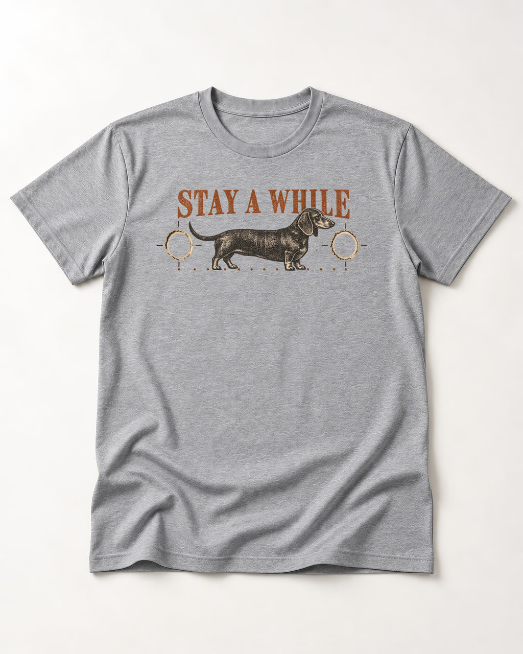 Dachshund Stay A While Ornamental Portrait Graphic T-Shirt in Sport Grey, flat lay product photo