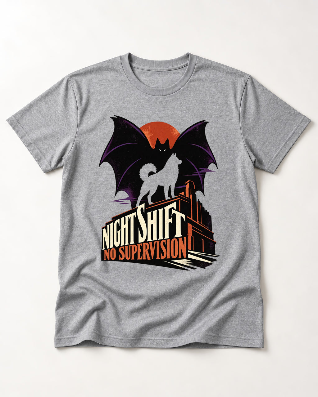 Husky Night Shift No Supervision T-Shirt in Sport Grey, flat lay product photo