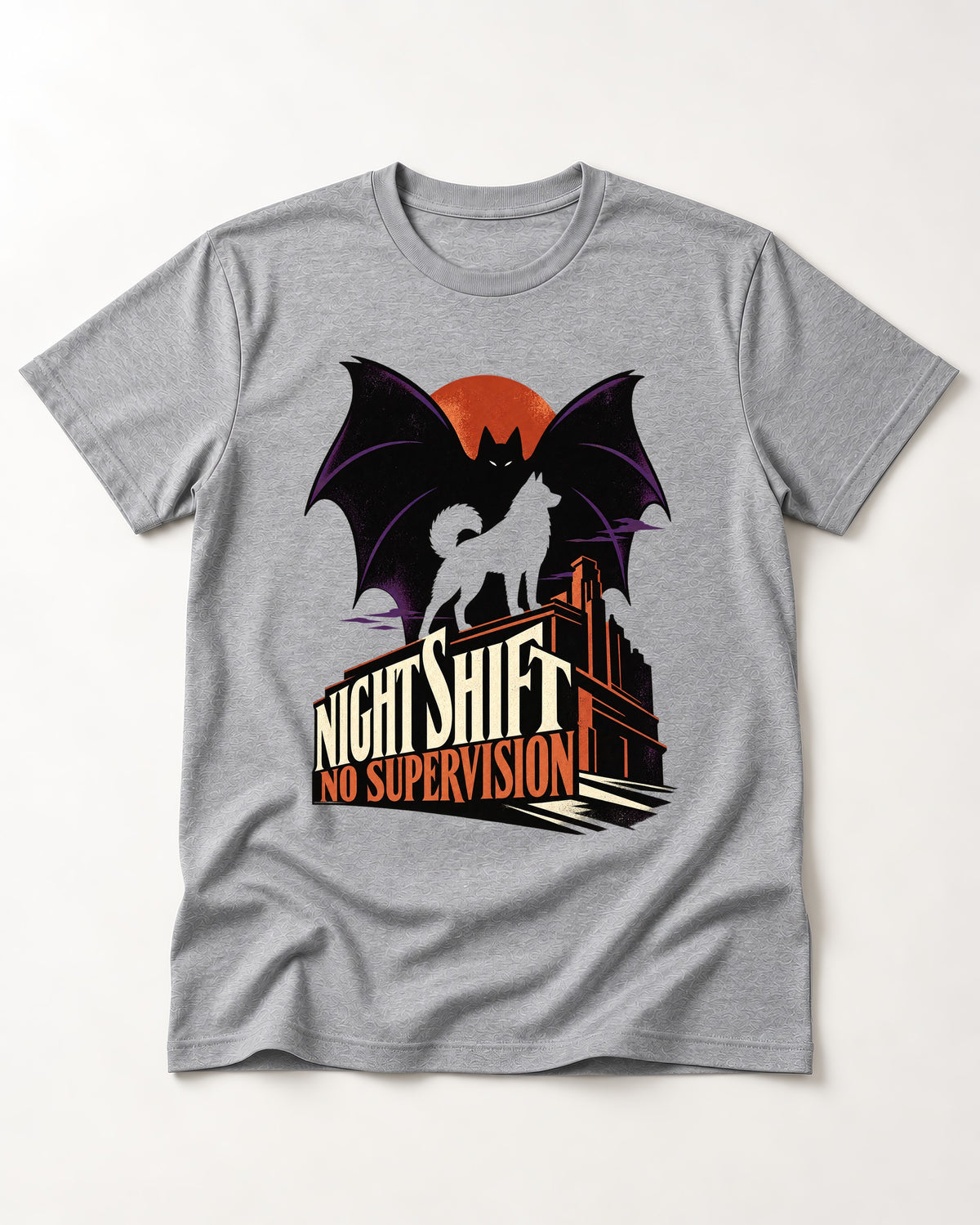 Husky Night Shift No Supervision T-Shirt in Sport Grey, flat lay product photo