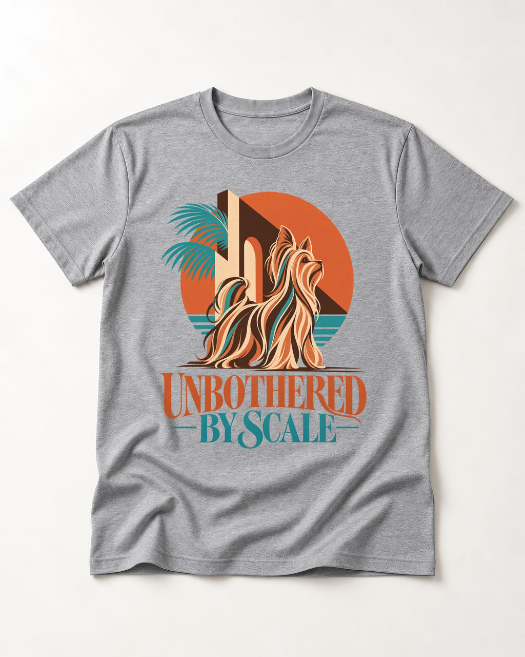 Yorkshire Terrier Unbothered by Scale Tropical Architecture Graphic T-Shirt in Sport Grey, flat lay product photo