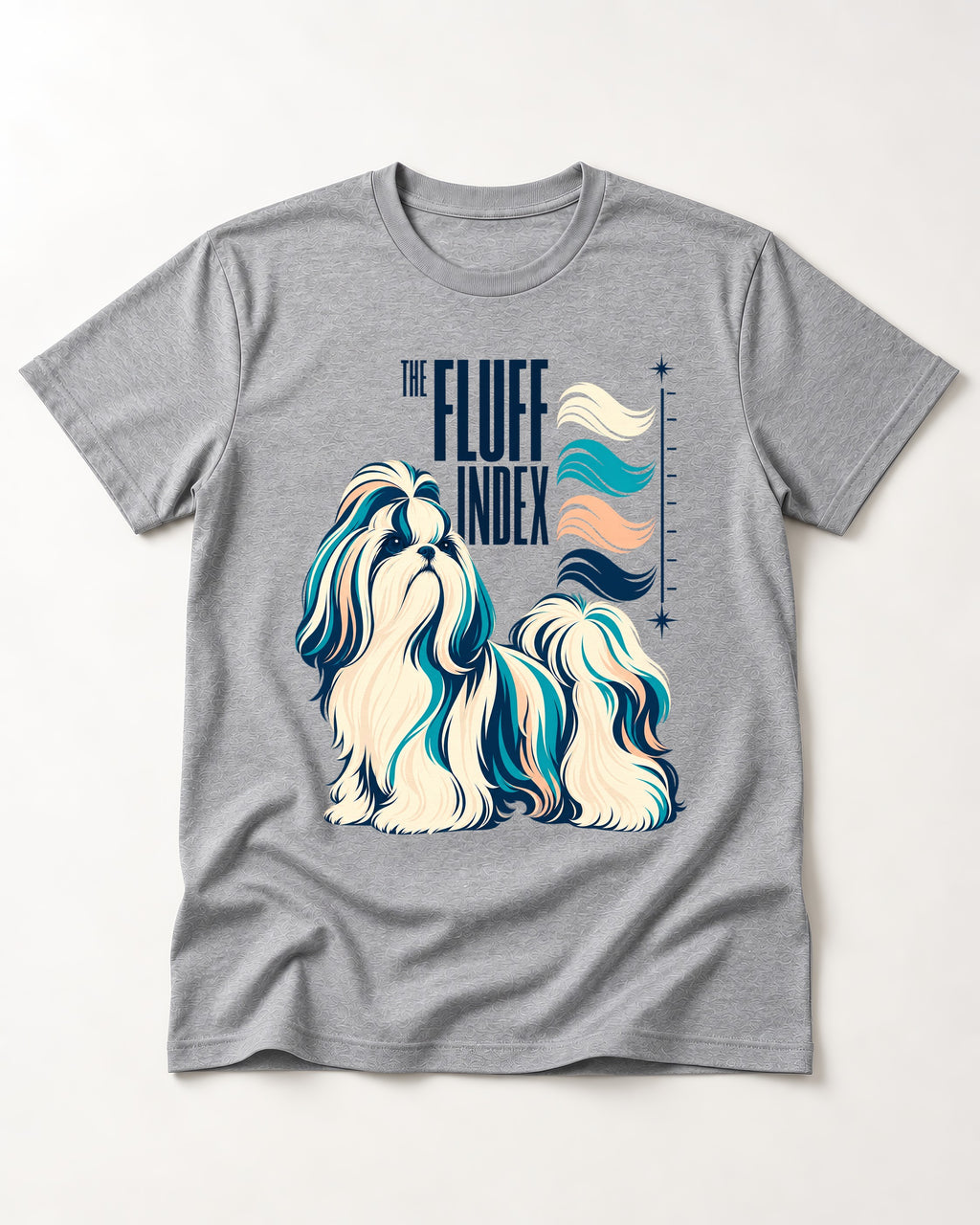 Shih Tzu The Fluff Index Coat Color Chart Graphic T-Shirt in Sport Grey, flat lay product photo