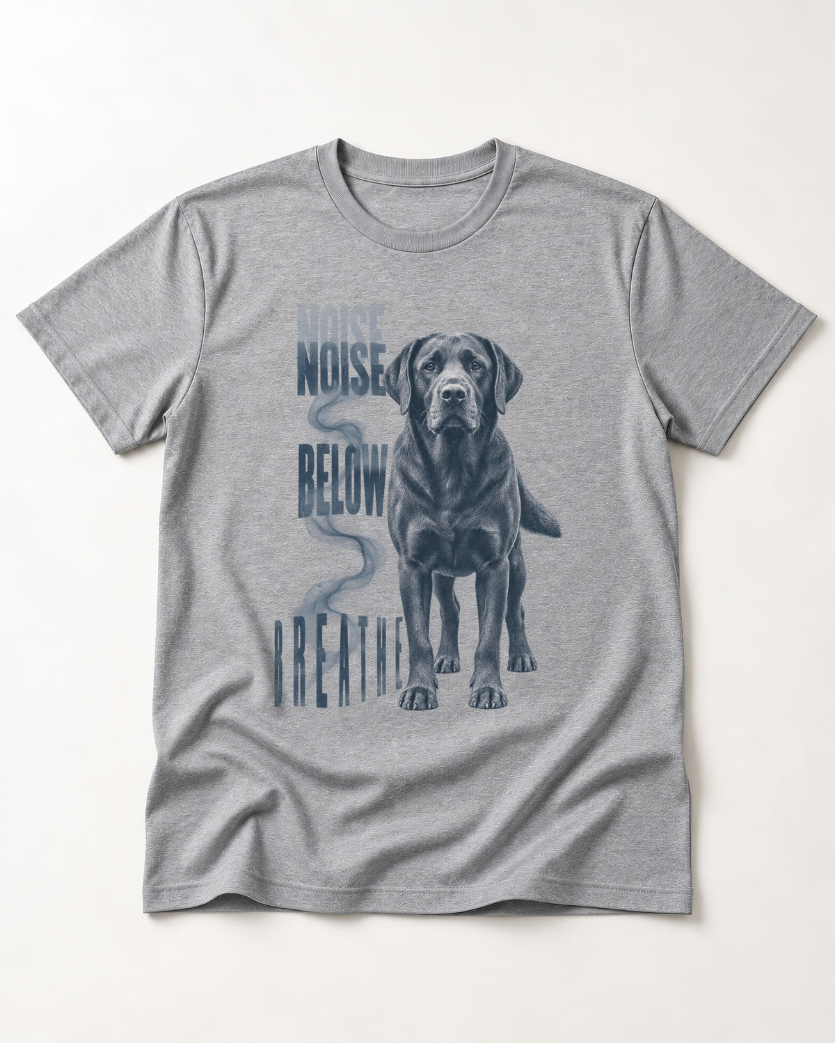 Labrador Retriever Breathe Below the Noise T-Shirt in Sport Grey, flat lay product photo
