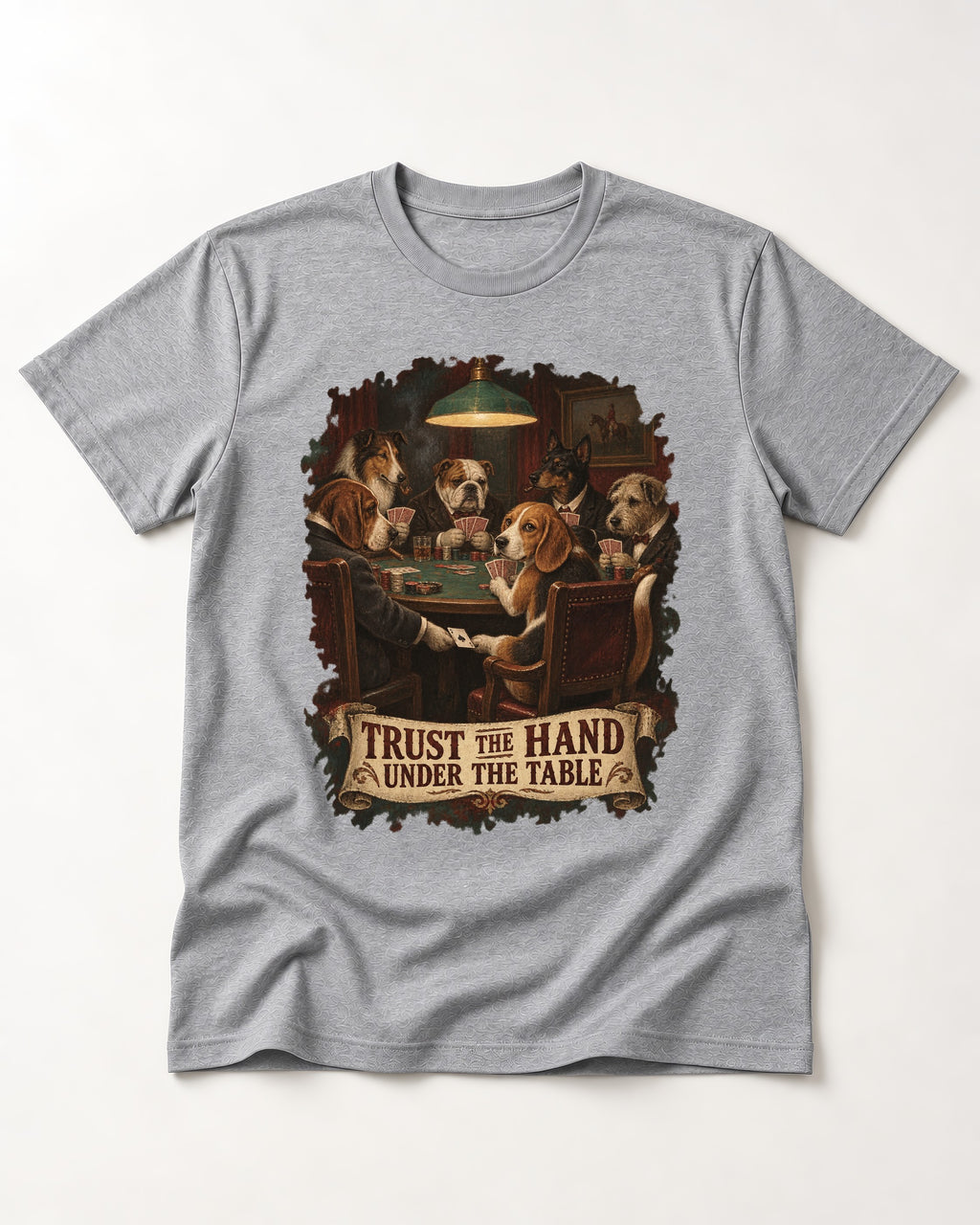 Trust The Hand Under The Table Beagle Poker Night T-Shirt in Sport Grey, flat lay product photo