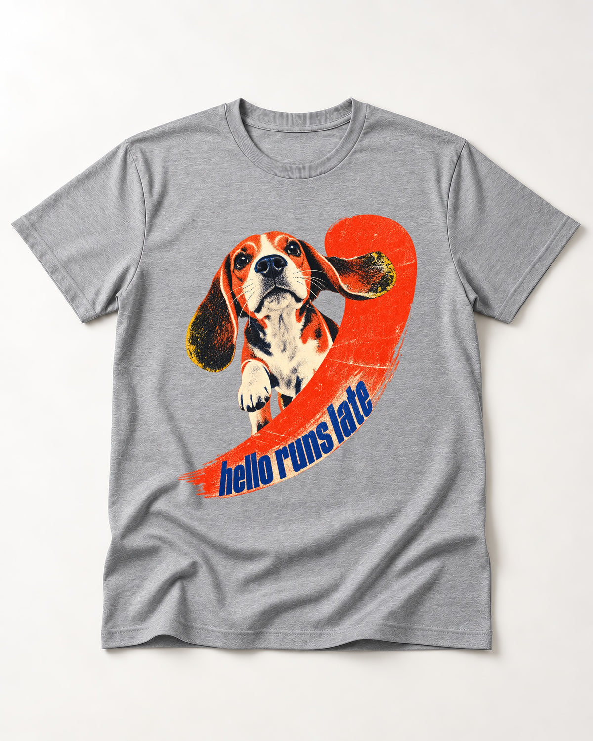 Beagle Hello Runs Late T-Shirt in Sport Grey, flat lay product photo