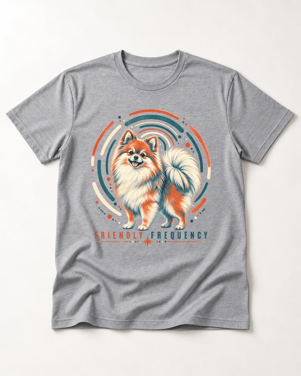 Friendly Frequency Pomeranian T-Shirt in Sport Grey, flat lay product photo