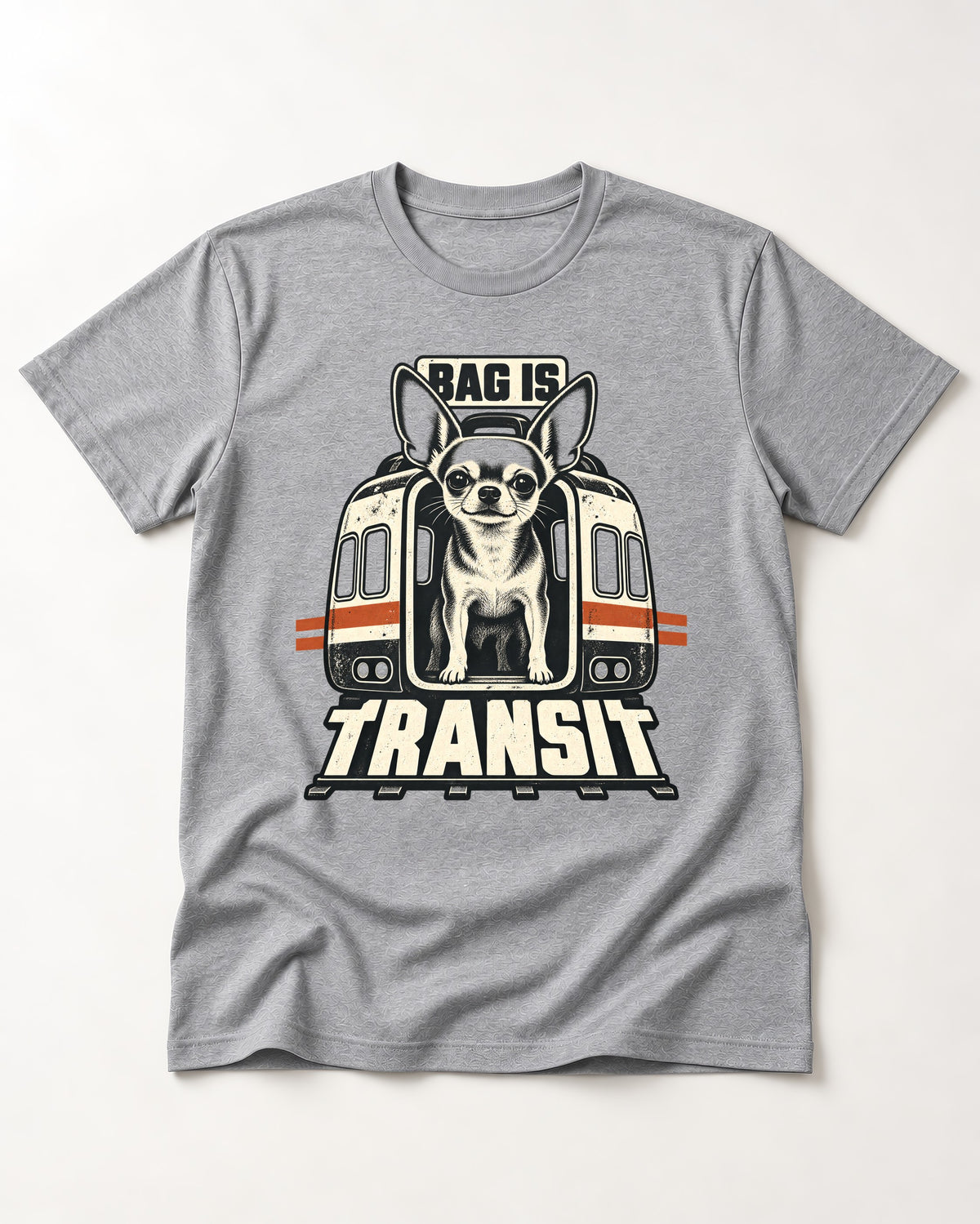 Chihuahua Bag Is Transit Train Front Graphic T-Shirt in Sport Grey, flat lay product photo
