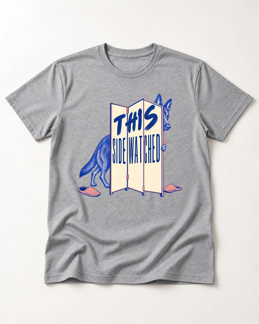 This Side Watched by German Shepherd Dog T-Shirt in Sport Grey, flat lay product photo