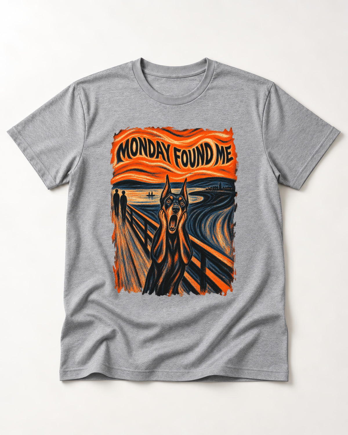 Doberman Monday Found Me Scream Graphic T-Shirt in Sport Grey, flat lay product photo