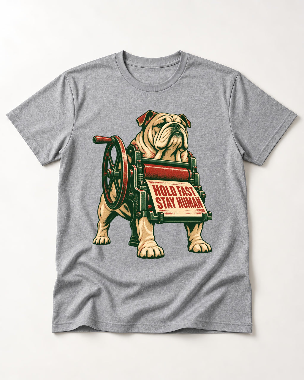Hold Fast Stay Human English Bulldog T-Shirt in Sport Grey, flat lay product photo