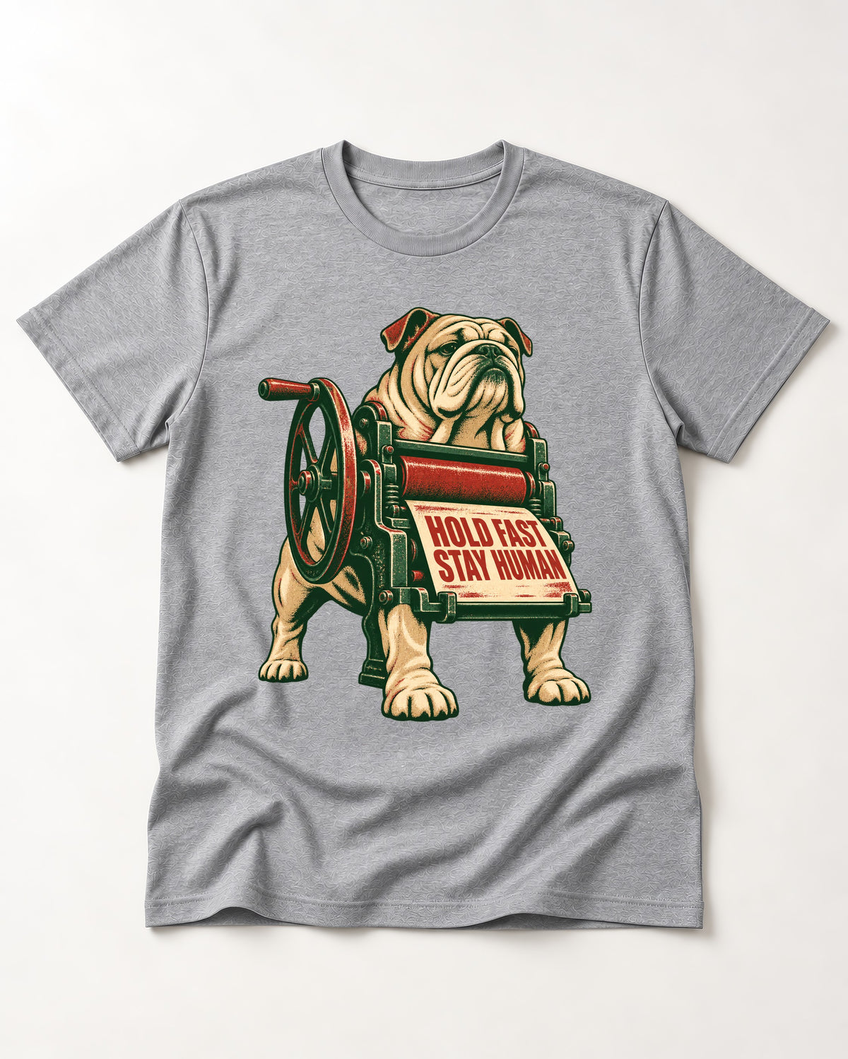Hold Fast Stay Human English Bulldog T-Shirt in Sport Grey, flat lay product photo