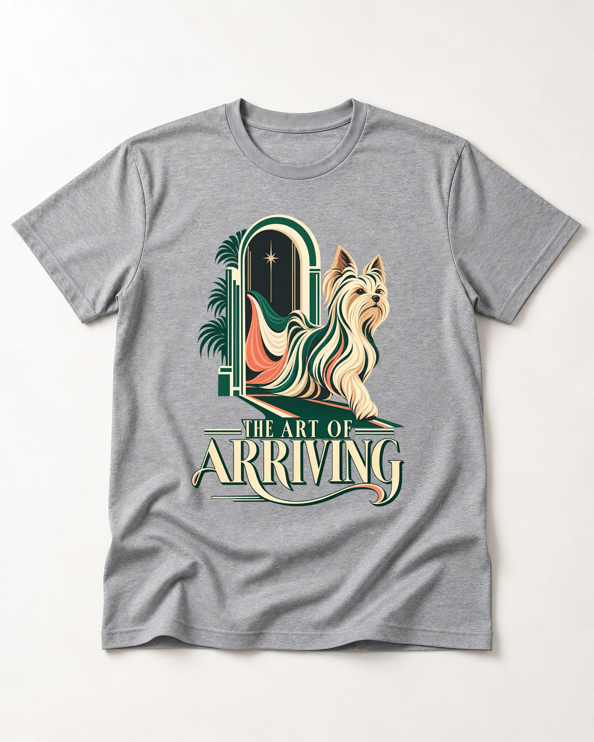 Yorkshire Terrier Arriving T-Shirt in Sport Grey, flat lay product photo