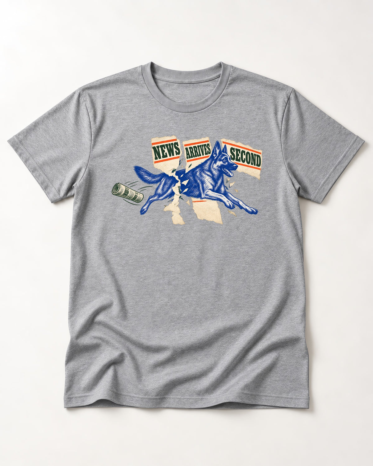 News Arrives Second German Shepherd Dog T-Shirt in Sport Grey, flat lay product photo
