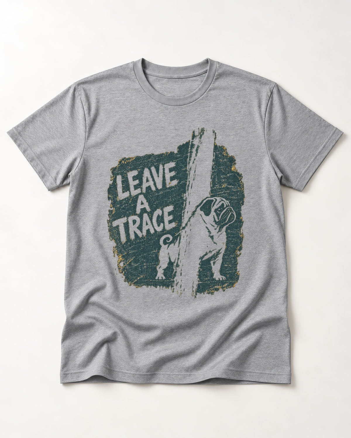 Pug Leaves a Trace T-Shirt in Sport Grey, flat lay product photo