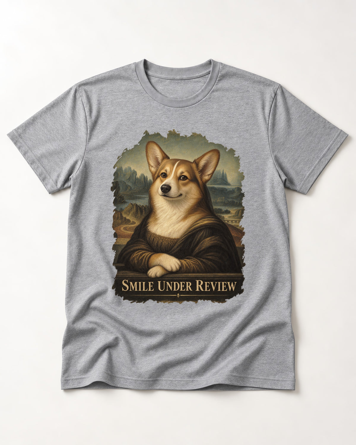 Corgi Smile Under Review Mona Lisa Portrait T-Shirt in Sport Grey, flat lay product photo