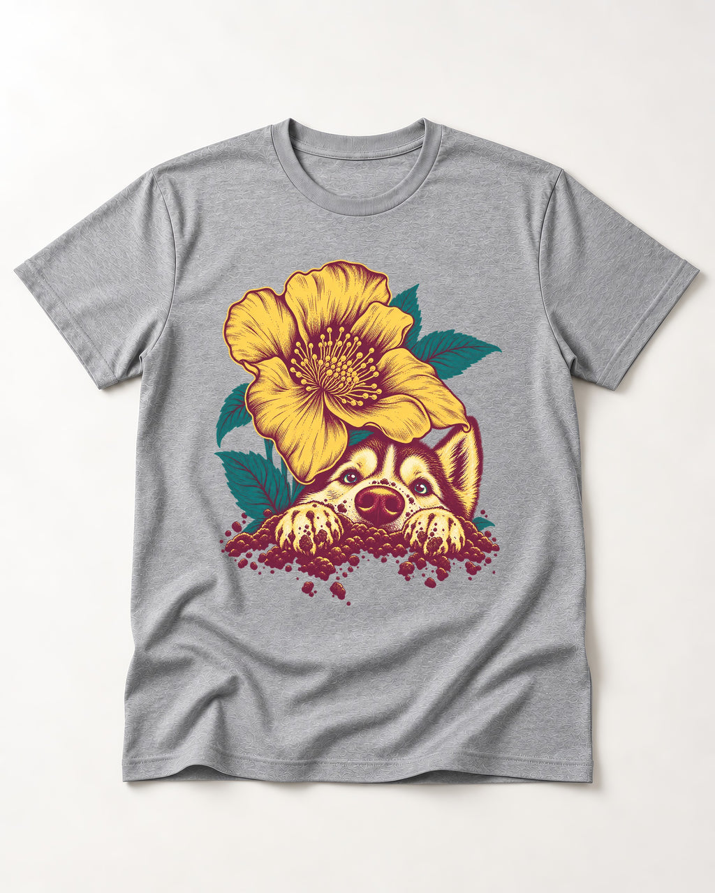 Husky Flower Witness Peeking Floral Graphic T-Shirt in Sport Grey, flat lay product photo