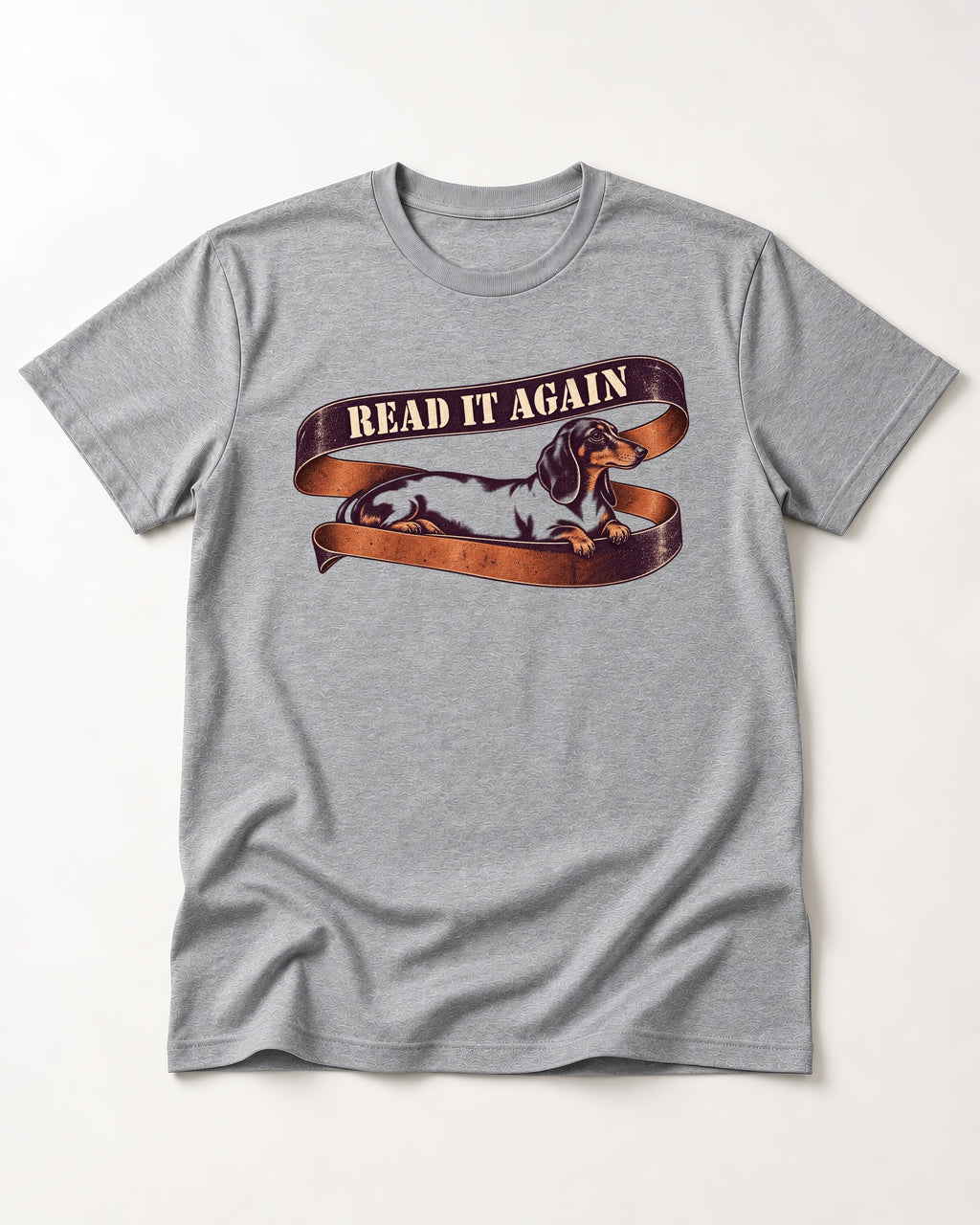 Read It Again Dachshund T-Shirt in Sport Grey, flat lay product photo