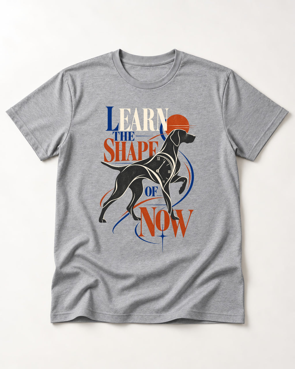 German Shorthaired Pointer Learn the Shape of Now Clock Graphic T-Shirt in Sport Grey, flat lay product photo