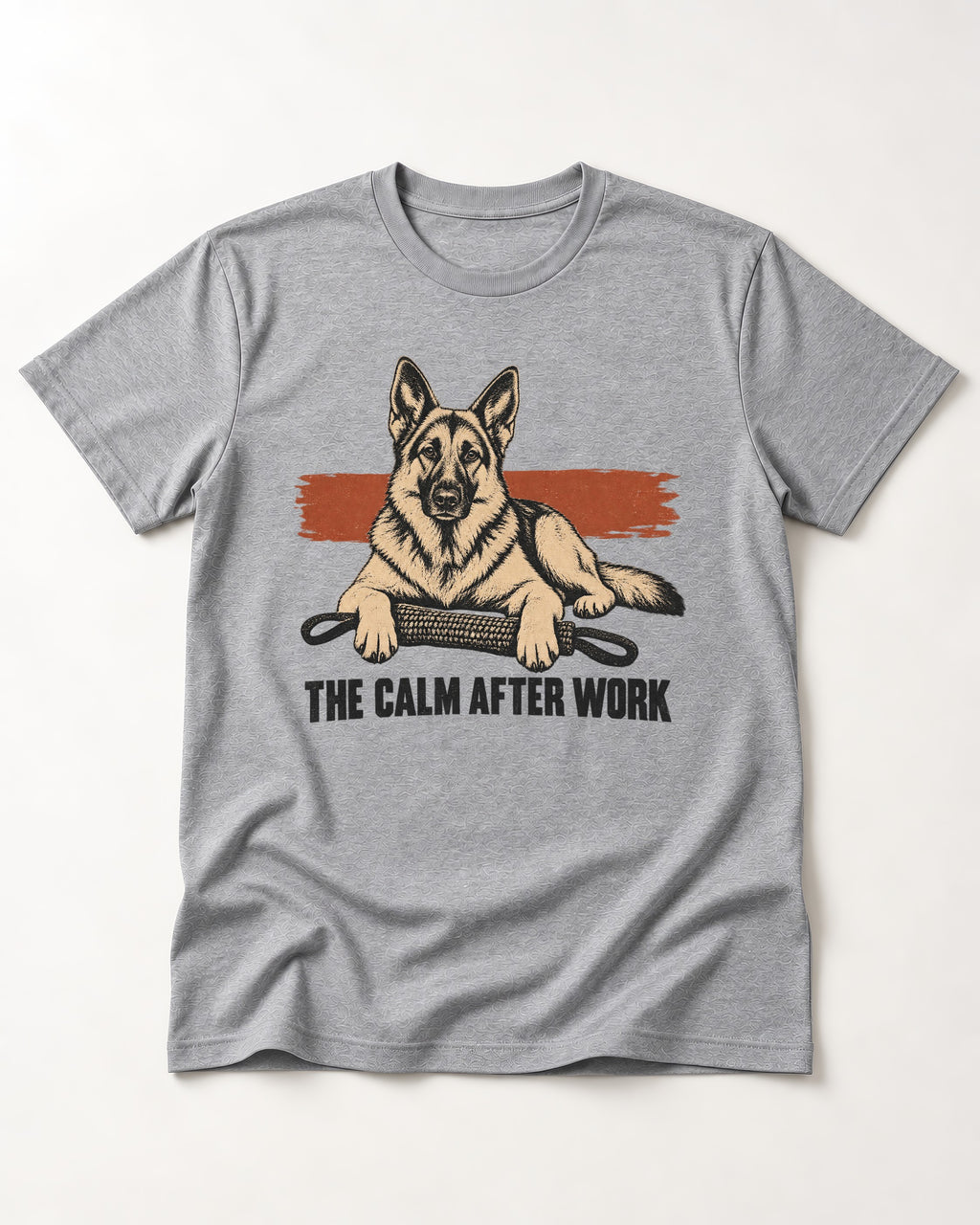German Shepherd Dog The Calm After Work T-Shirt in Sport Grey, flat lay product photo