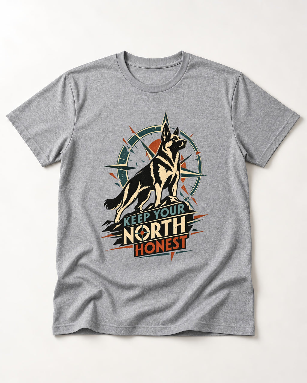 Keep Your North Honest Compass German Shepherd Dog Graphic T-Shirt in Sport Grey, flat lay product photo