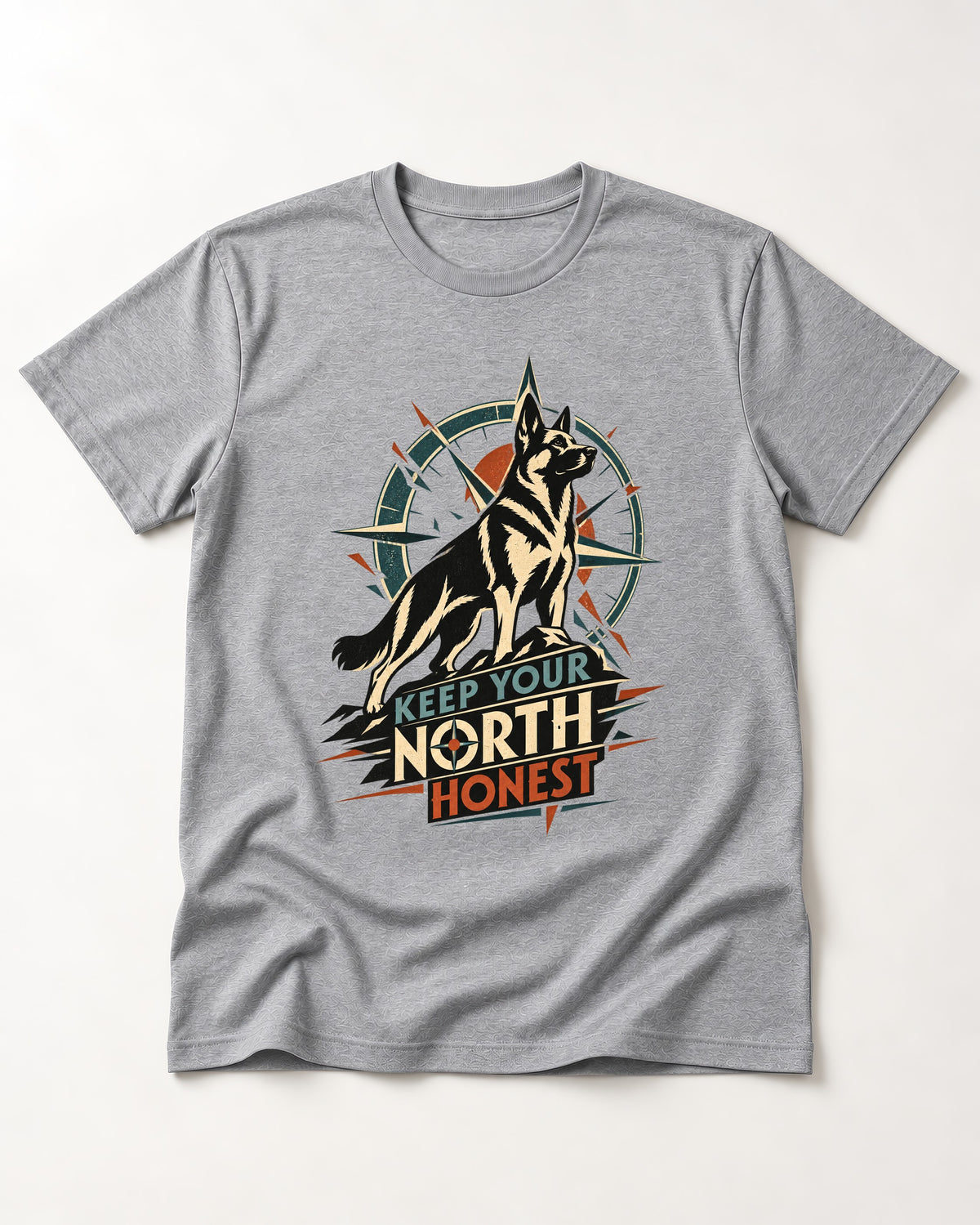 Keep Your North Honest Compass German Shepherd Dog Graphic T-Shirt in Sport Grey, flat lay product photo