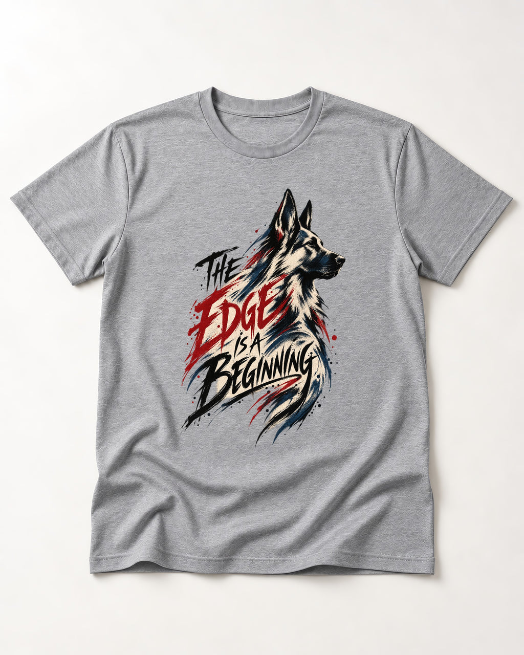 Edge Is a Beginning German Shepherd Dog T-Shirt in Sport Grey, flat lay product photo