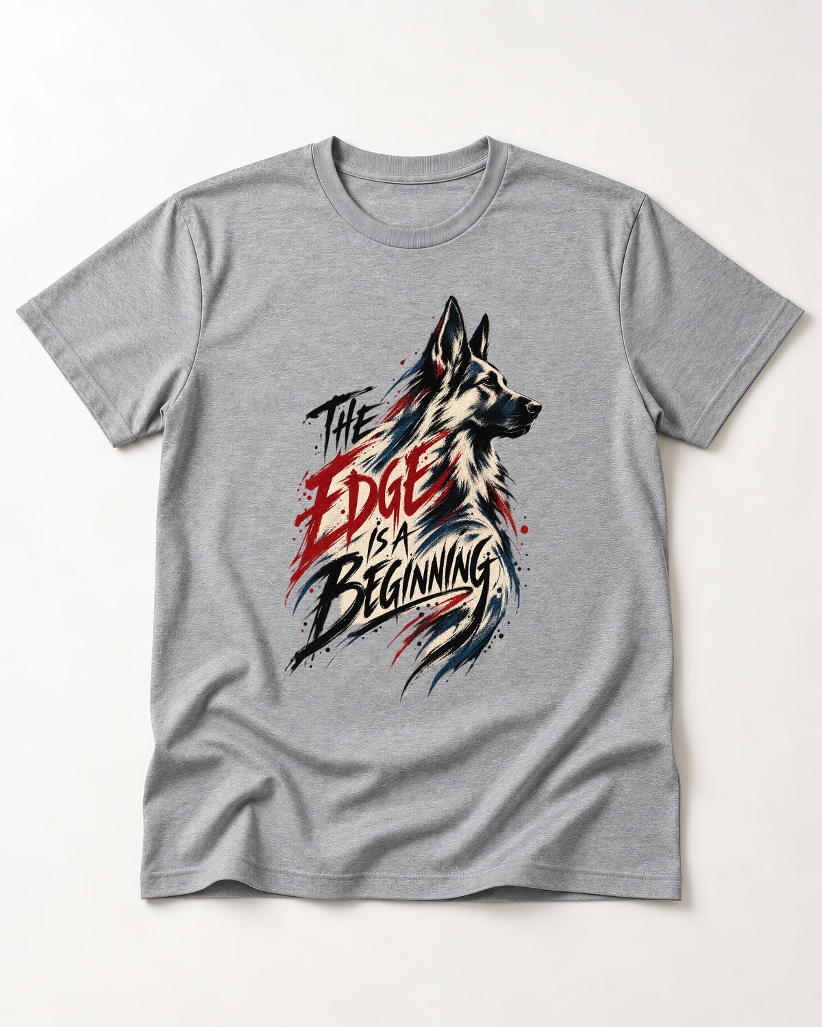 Edge Is a Beginning German Shepherd Dog T-Shirt in Sport Grey, flat lay product photo