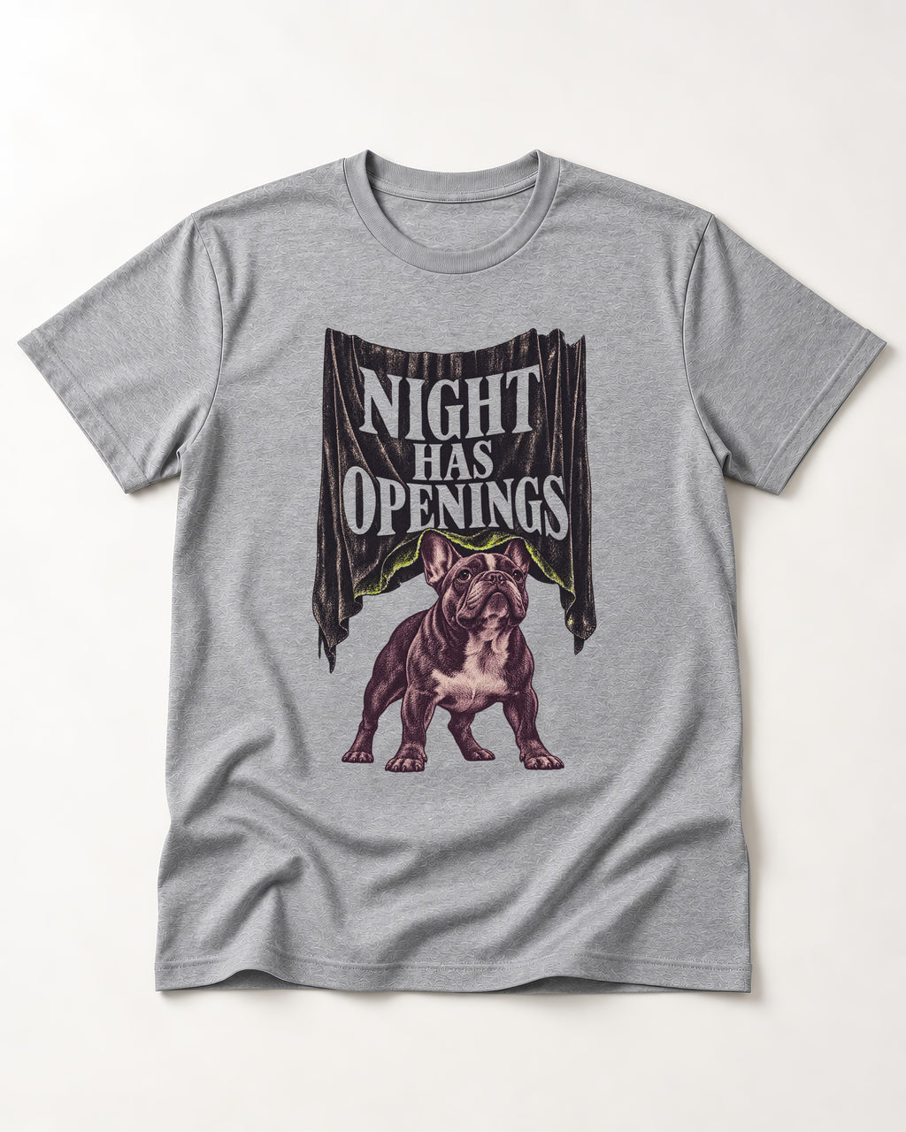 Night Has Openings Frenchie T-Shirt in Sport Grey, flat lay product photo