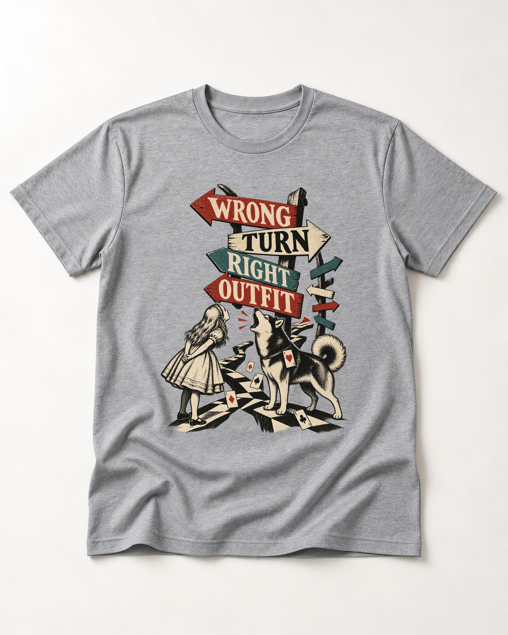 Husky Wrong Turn Right Outfit Wonderland Signpost Graphic T-Shirt in Sport Grey, flat lay product photo