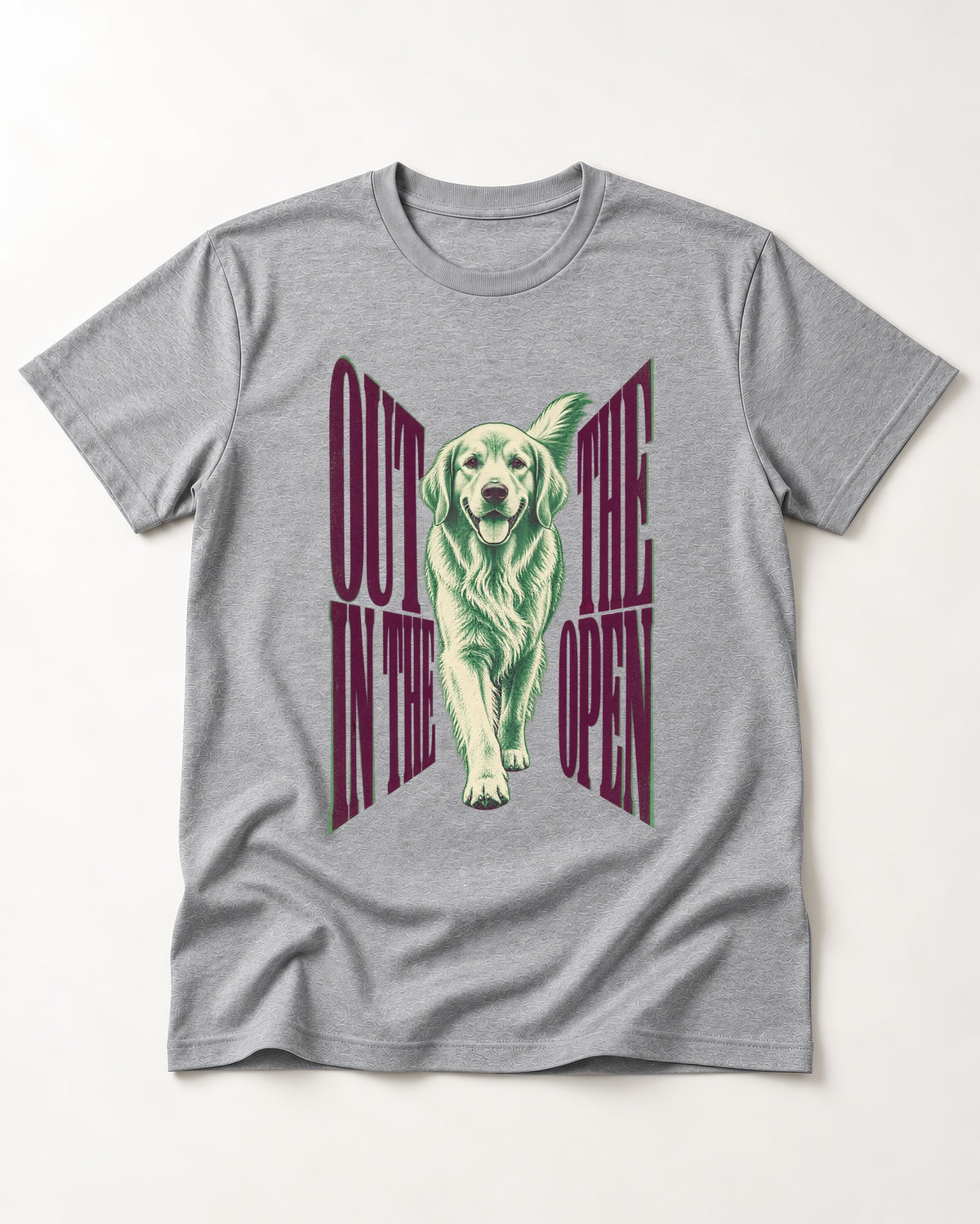 Golden Retriever Out in the Open T-Shirt in Sport Grey, flat lay product photo