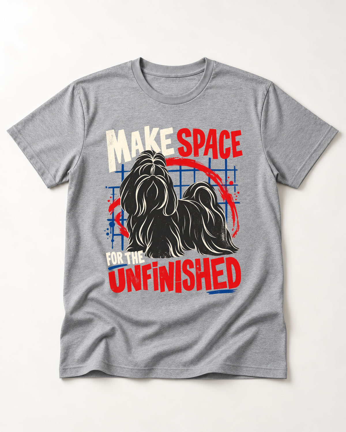Shih Tzu Make Space for the Unfinished Abstract Circle Graphic T-Shirt in Sport Grey, flat lay product photo